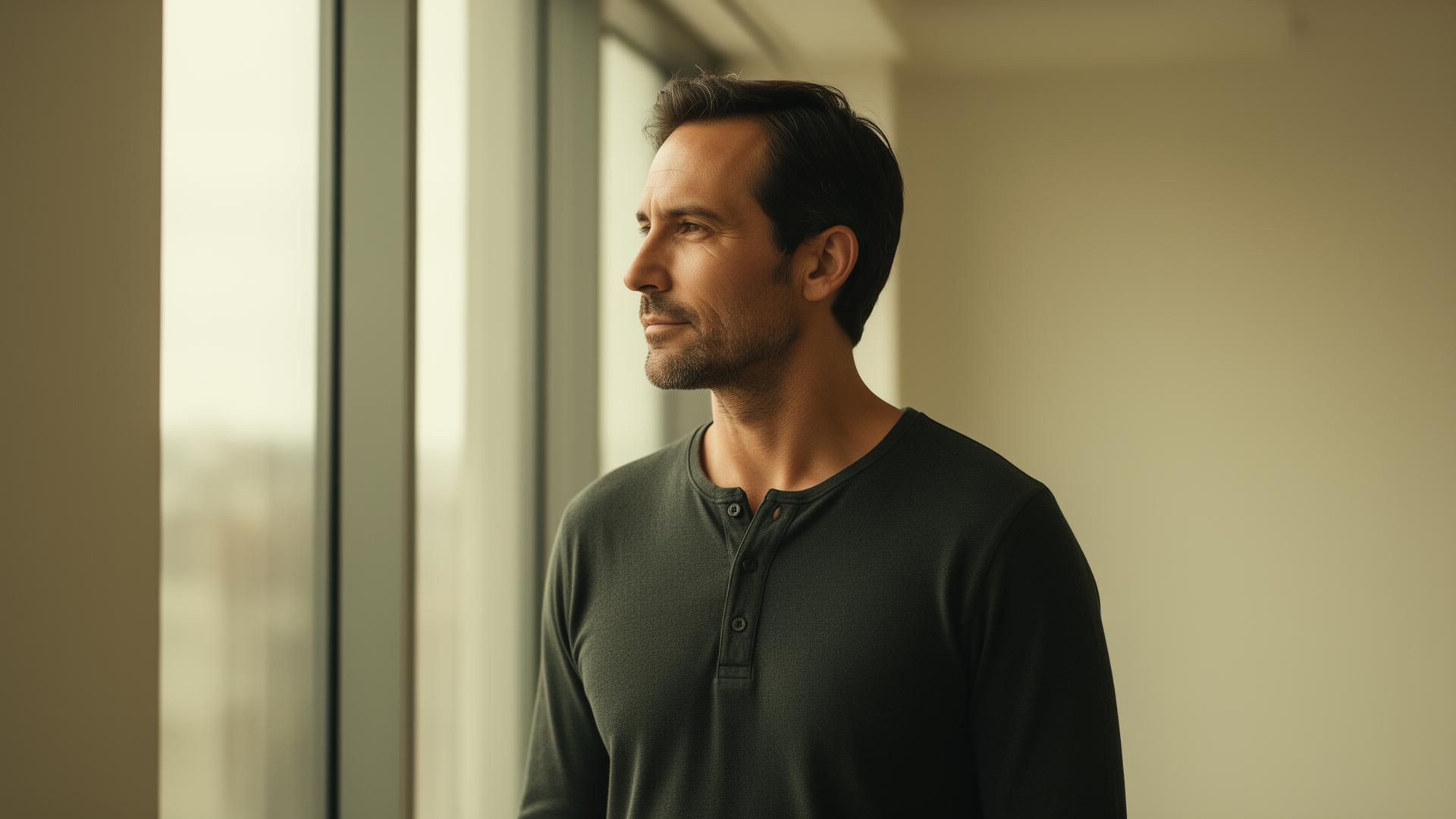 Man standing in natural light, looking forward with quiet confidence